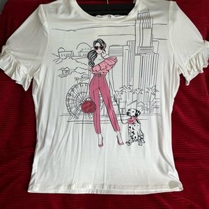 NWT Love & Lace, Decorative T-Shirt Size S, cream, pink, black, new with tag